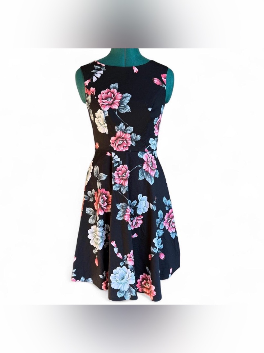 Hanpceirs Fit-and-Flare Black Knee-length Dress with Pink & Blue Floral Print